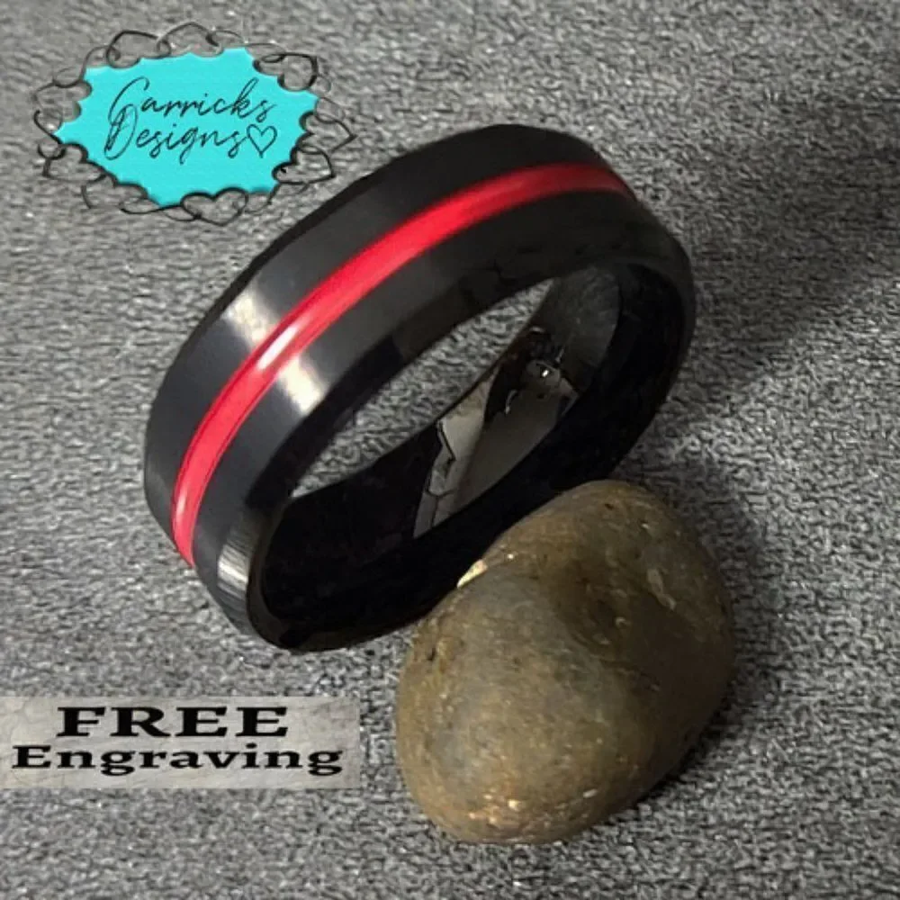 Personalized Men's Real Black Tungsten Wedding Ring With Red Line Center Groove